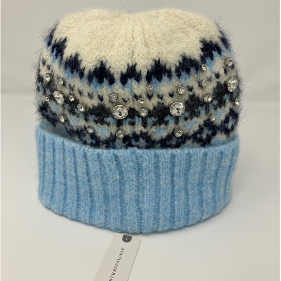 NWT Anthropologie Fair Isle Beanie Hat Blue White Black Rhinestone Embellished - Picture 4 of 7